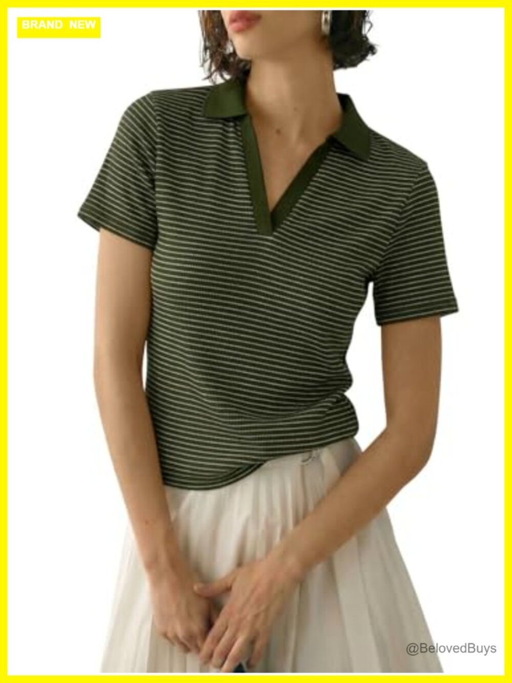 Womens Striped Polo Shirt V Neck Short Sleeve Knit Collared Top Casual